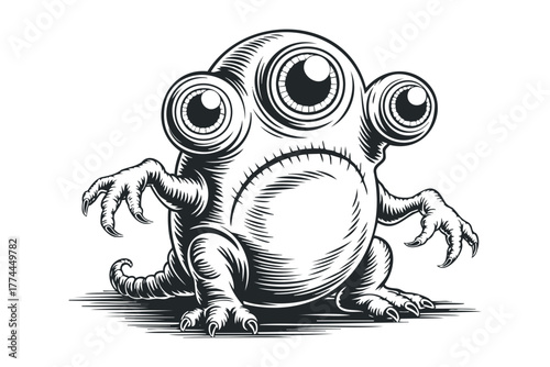 Bizarre three-eyed creature with sharp claws and anxious expression