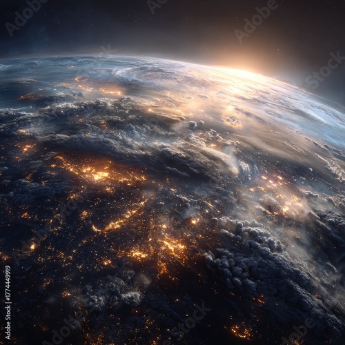 Earth at Night with City Lights and Clouds.
