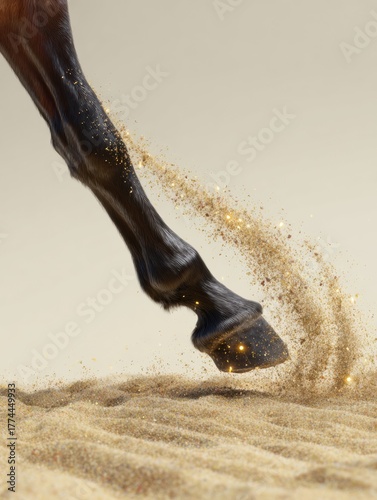 Ultra realistic close up of horse hoof in motion with sparkling sand particles