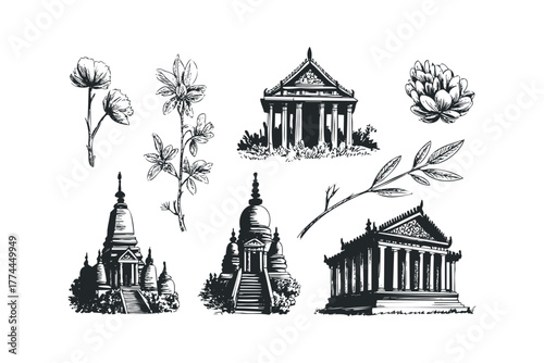 Collection of ancient architectural structures and flora
