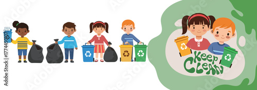 Cute children collecting and recycling waste. Kids with trash bags and recycle bins promoting eco awareness and sustainability education.