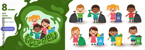 Cute children collecting and recycling waste. Kids with trash bags and recycle bins promoting eco awareness and sustainability education.