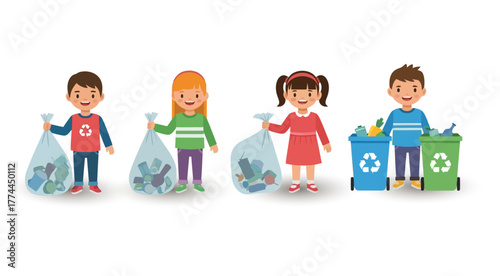 Cute children collecting and recycling waste. Kids with trash bags and recycle bins promoting eco awareness and sustainability education.