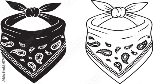 Vector illustration set of paisley pattern bandana or neck scarf tied on white background