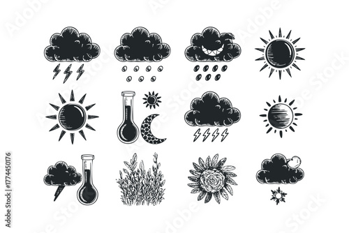 Set of hand drawn weather icons with sun, clouds, and storm elements