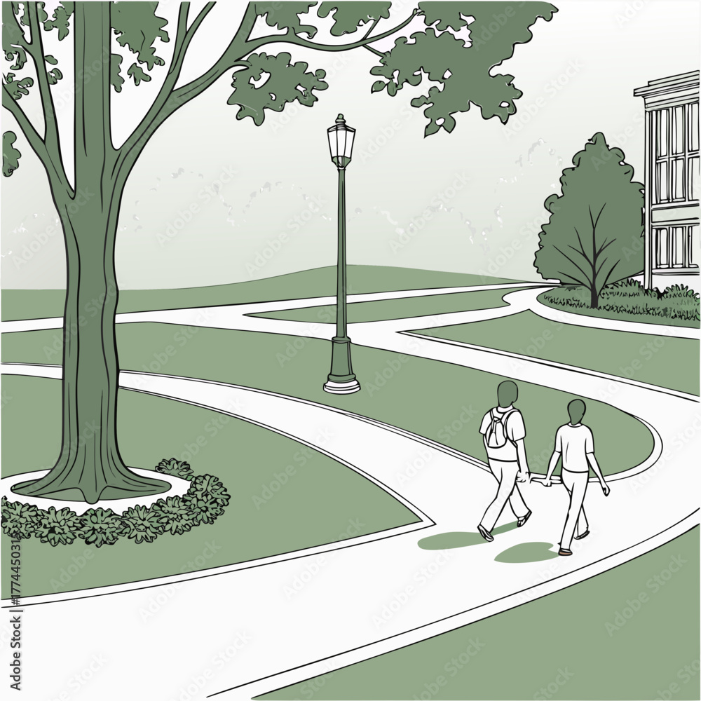 Obraz premium Two students walk hand in hand on a winding path through a scenic college campus on a bright day