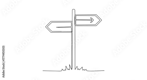 One continuous line art drawing illustrating a minimalist signpost, symbolizing direction, choice, and decision-making for future paths and opportunities