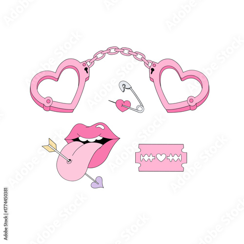 Sassy Woman Mouth with Tongue Out Pierced by Arrow, Heart Shaped Handcuffs and Heart Pin Clipart Set, Funny Anti Valentines Day Sarcastic Love Retro Aesthetic Illustration for T-Shirt Design