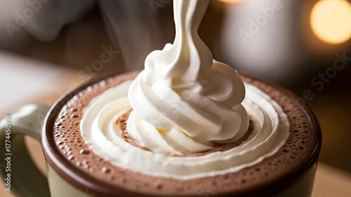 Close up of cream being added to a hot beverage in a mug