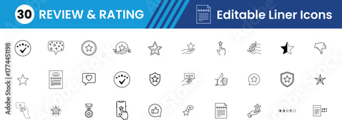 Review & rating glyph Icon set,Star Rating, Thumbs Up, Thumbs Down, Comment Bubble, Review Card, Rating Graph, Testimonial, Like, Dislike, Feedback Form Vector line Icons illustration.