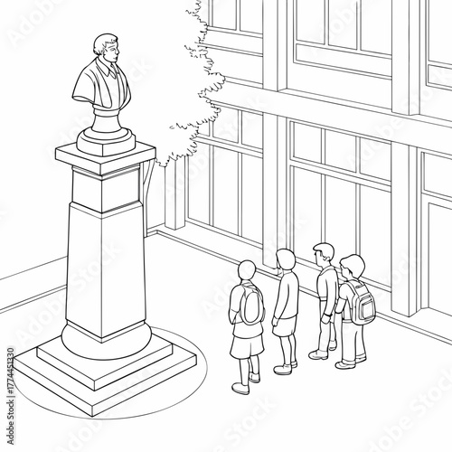 Children on a school trip admire a historical bust monument in front of a modern building