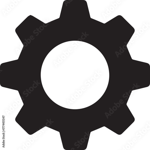 Black gear icon with eight teeth and circular center vector illustration for settings, configuration, and mechanical themes