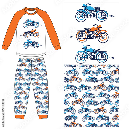  boys long t shirt with long pant bike print vector art