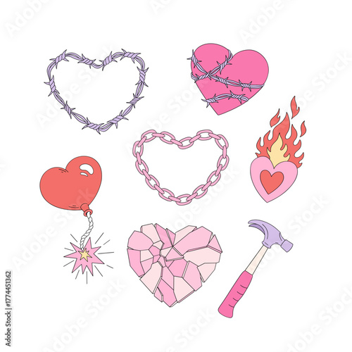 Broken Glass Chain Barbwire Bomb Heart Clipart Set, Funny Anti Valentines Day Sarcastic Love Retro Aesthetic Illustration for T-Shirt Design, Scrapbooking and Stickers