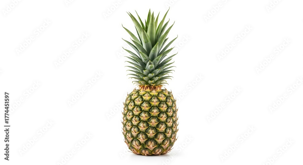 Fototapeta premium A whole pineapple with green leaves isolated on a pure white background, bright lighting, realistic texture, clean background, minimal shadow, commercial product photo.