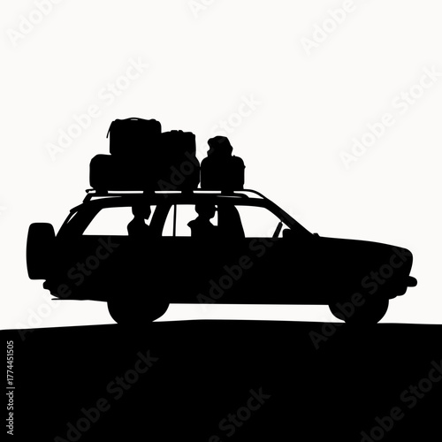 Silhouette of a station wagon packed with luggage on the roof and passengers visible inside the car
