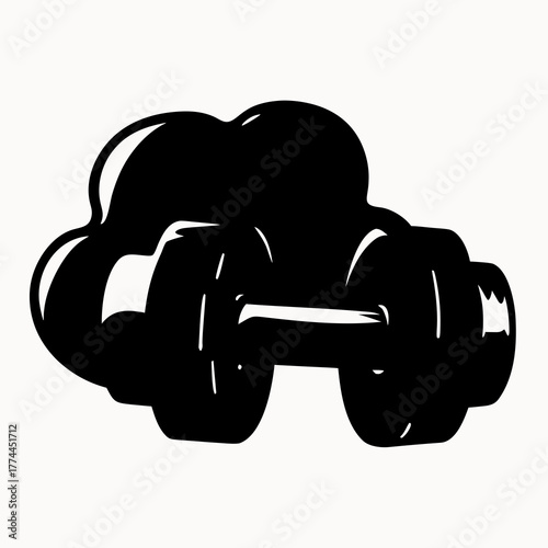 Illustration of a black dumbbell with weights on each side and a cloud like shape behind it