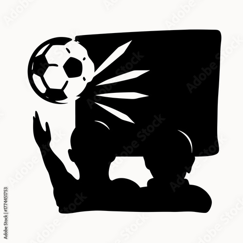 Silhouette of soccer ball hitting a sign near two people with one person raising their hand up high