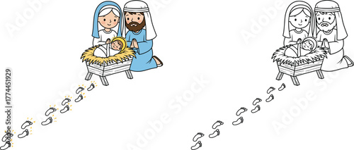 Nativity Scene with Holy Footsteps Coloring Page Christmas Story Outline