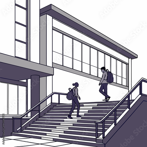 Two students with backpacks ascend and descend a modern building s outdoor staircase in a simple line art style