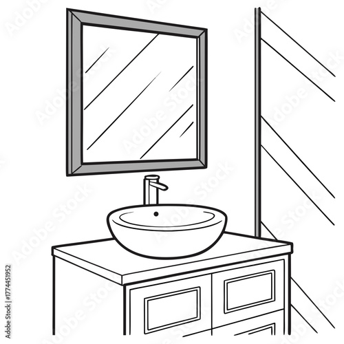 Modern bathroom vanity with vessel sink and framed mirror clean line art illustration