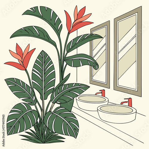 Tropical bird of paradise plant decorating a modern bathroom with double sinks and mirrors