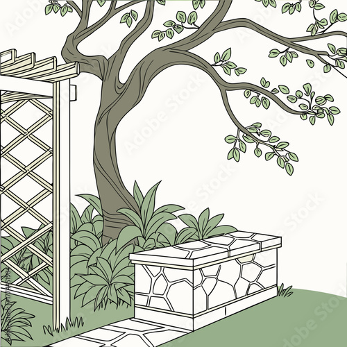 Tranquil garden scene with a stone bench under a large tree and a decorative trellis