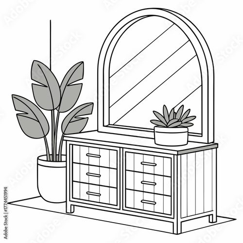 Modern line art illustration of a dresser with an arched mirror and potted plants
