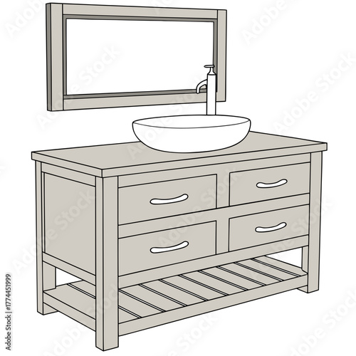 Modern bathroom vanity with vessel sink and mirror illustration for interior design projects