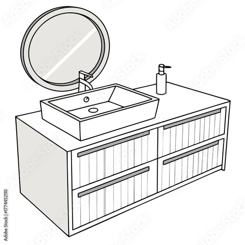 Modern bathroom vanity with vessel sink faucet mirror and soap dispenser in a clean line drawing style