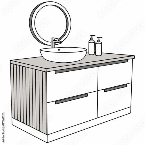 Modern bathroom vanity with vessel sink faucet round mirror and soap dispensers