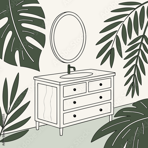 Modern bathroom vanity with oval mirror and tropical leaves in a minimalist line art style