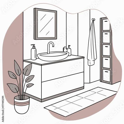 Modern minimalist bathroom interior with a sink vanity mirror towel and plant