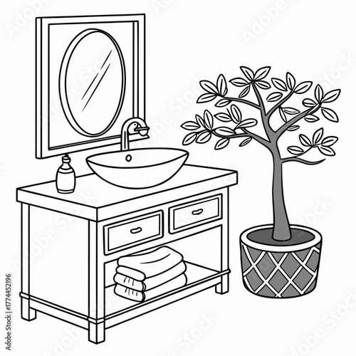 Simple line drawing of a modern bathroom vanity with a vessel sink and mirror next to a potted plant