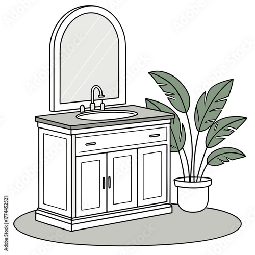 Clean line art illustration of a white bathroom vanity with sink mirror and potted plant