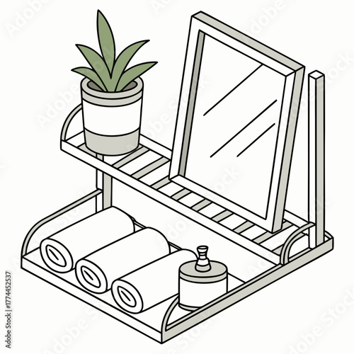 Isometric illustration of a bathroom shelf with rolled towels a potted plant and a mirror