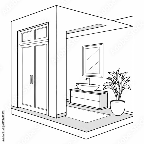 Modern bathroom interior design with a double door closet vanity sink mirror and potted plant