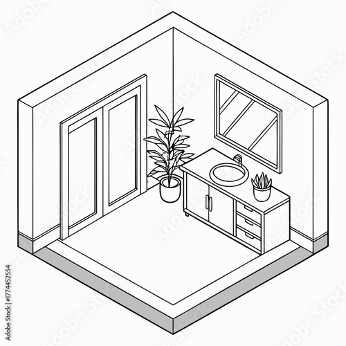 Isometric line drawing of a modern bathroom with a vanity sink mirror plants and double doors