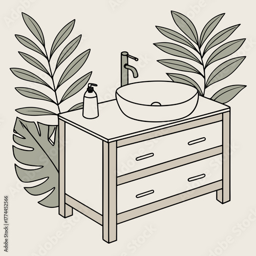 Modern bathroom vanity with vessel sink and tropical leaves illustration