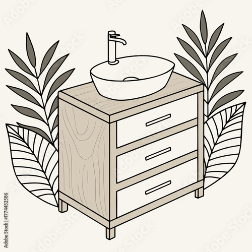 Modern bathroom vanity with vessel sink and decorative tropical leaves in a minimalist style
