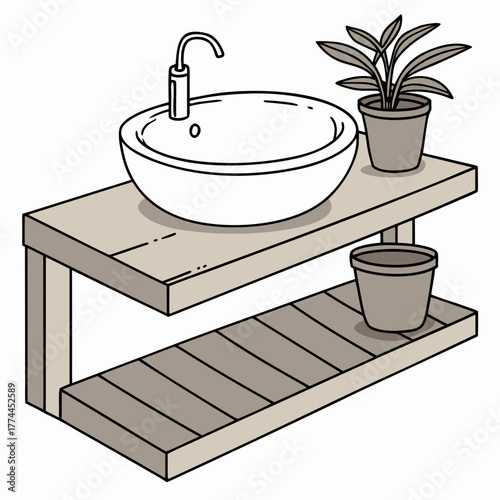 Simple illustration of a modern bathroom vanity with a basin sink and potted plants on shelves