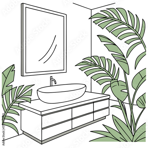 Modern bathroom interior with a sleek vanity vessel sink mirror and lush tropical plants