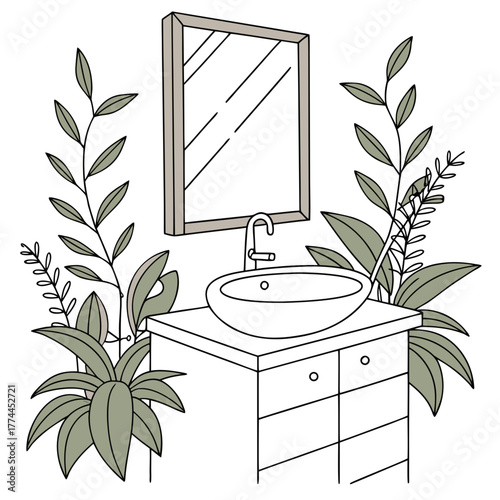 Modern bathroom vanity with vessel sink and mirror surrounded by lush green houseplants and foliage