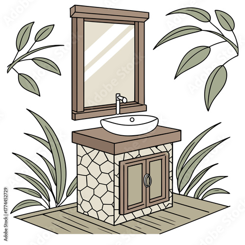 Modern outdoor bathroom vanity with stone cabinet and leafy green plants surrounding it
