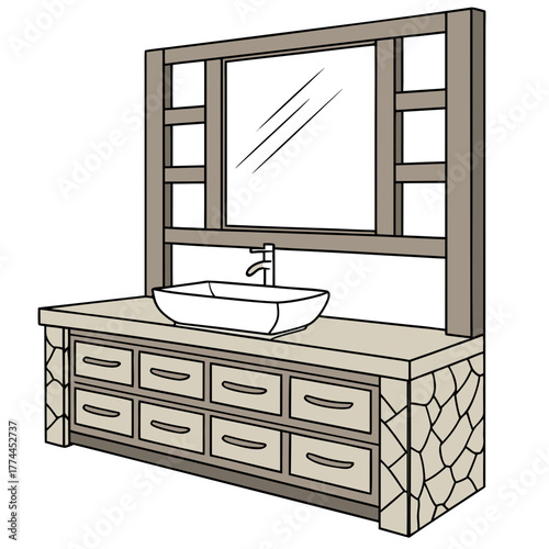 Modern bathroom vanity with vessel sink and large mirror featuring shelving