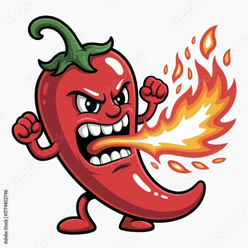 Aggressive chili pepper character breathing fire a fiery illustration of spice and intensity!
