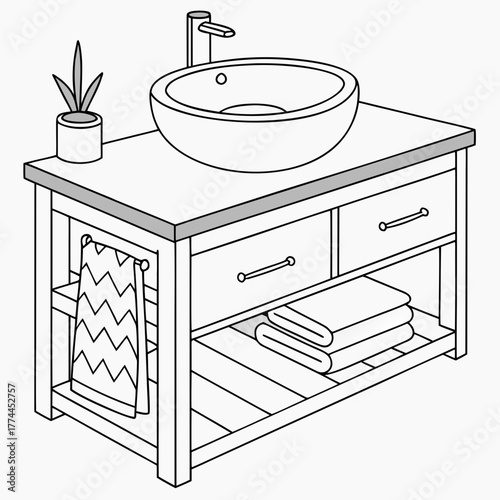 Modern bathroom vanity with vessel sink faucet towels and potted plant in a clean line drawing