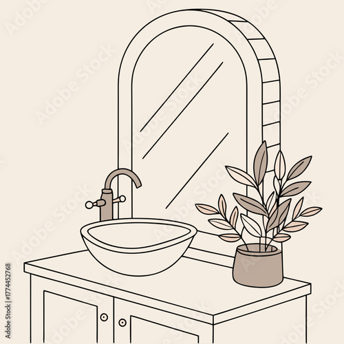 Minimalist line art illustration of a bathroom vanity with a basin sink faucet and potted plant