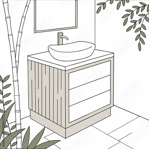 Modern bathroom vanity with vessel sink and bamboo plants creating a serene spa like atmosphere