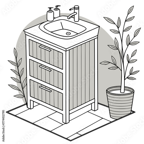 Clean line drawing of a modern bathroom vanity with sink and drawers next to a potted plant